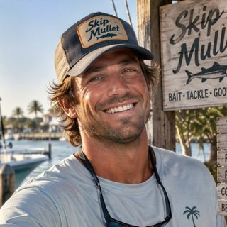 Skip Mullet in his Skip Mullet cap at the marina